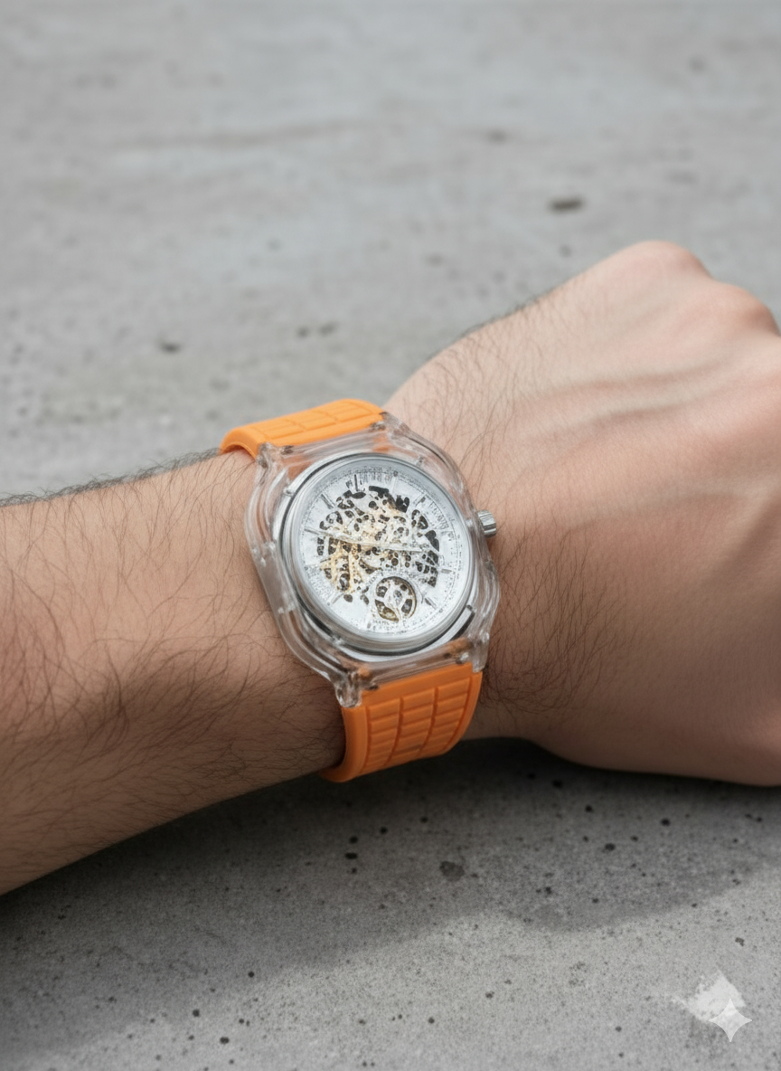 GUIPIN Skeleton Automatic Watch with a transparent case and bright orange silicone strap Replica - Image 4