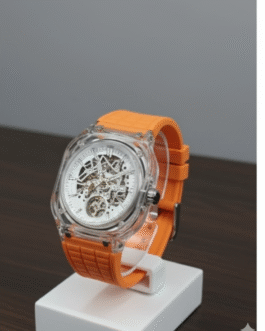 GUIPIN Skeleton Automatic Watch with a transparent case and bright orange silicone strap Replica