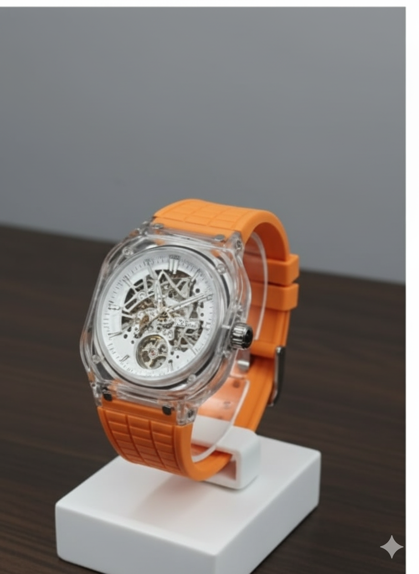 GUIPIN Skeleton Automatic Watch with a transparent case and bright orange silicone strap Replica