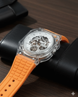 GUIPIN Skeleton Automatic Watch with a transparent case and bright orange silicone strap Replica