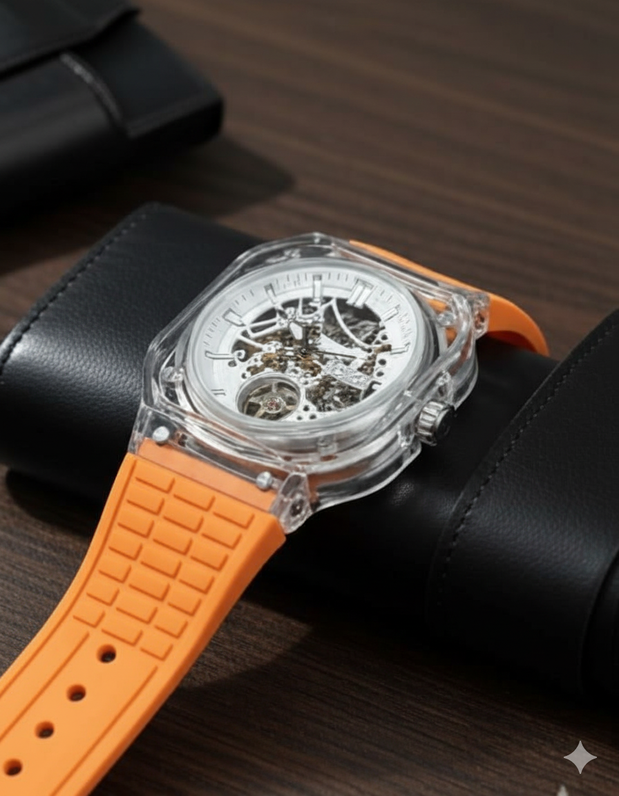 GUIPIN Skeleton Automatic Watch with a transparent case and bright orange silicone strap Replica - Image 2